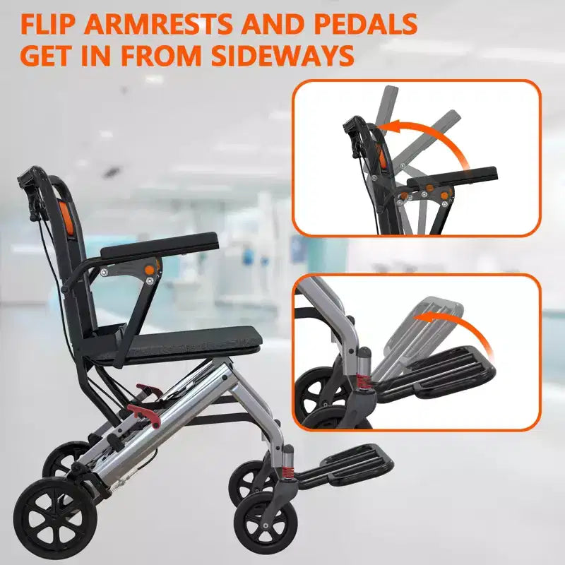 Ultra Lightweight Elderly Transport Wheelchair Portable Lightweight Folding Transport Chair, with Locking Handbrake, Removable Flip Armrests
