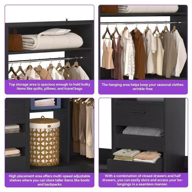 Besiost Set of 3 Corner Closet System with Tower Shelves and Drawers, Freestanding Closet Organizer with Hanging Rods