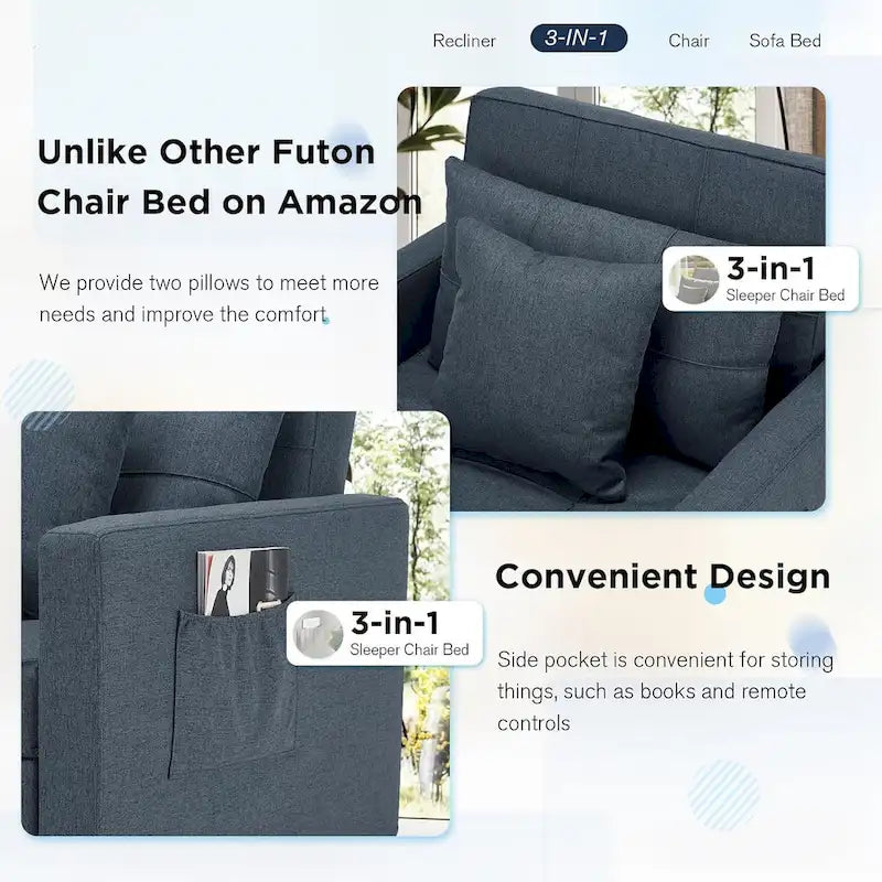 Adjustable Sleeper Chair Bed, 3-in-1 Convertible, Multiple Colors, Fits 1 Person
