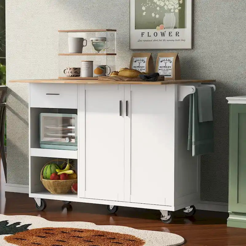 Îlot de cuisine avec plan de travail pliable, desserte de rangement de cuisine avec étagère coulissante, porte-serviettes et tiroir, roulettes.