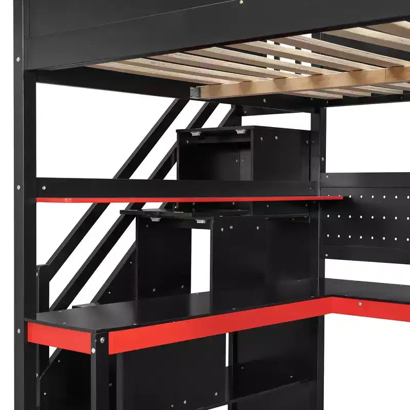 GDFStudio Scott Wooden Gaming Loft Bed with Storage Stairs, Desk, Shelves & Pegboard