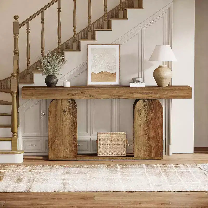Lantine 70.9-inch extra long farmhouse console table with 2-tier wooden storage shelf, suitable for hallway, living room, entrance, vintage brown.