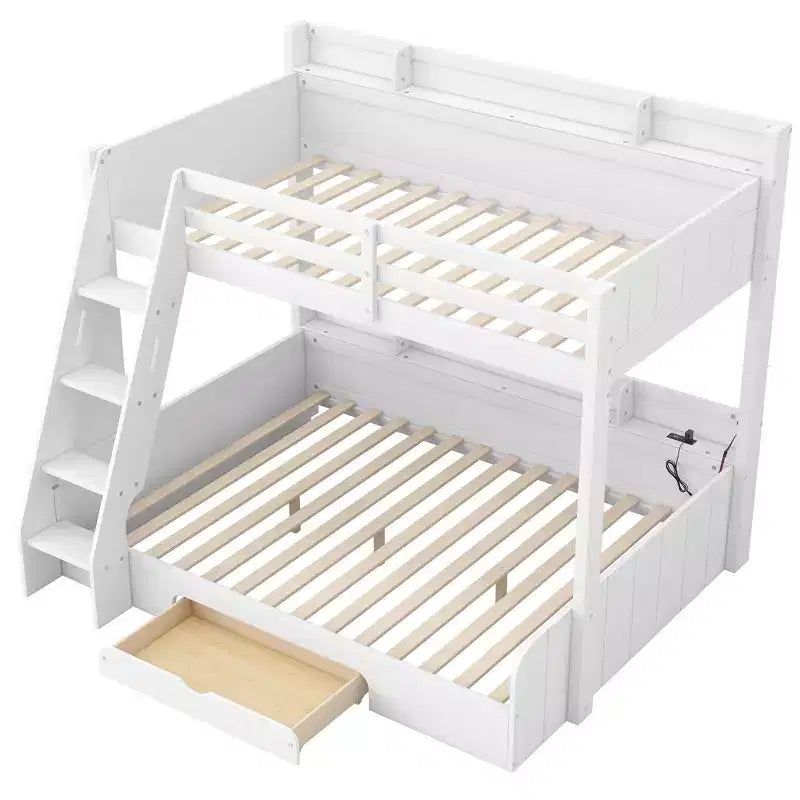 Twin over Full Bunk Bed with Storage, LED Lights & Charging Station, Wood Bunked Bed Beside Shelves for Kids & Teens