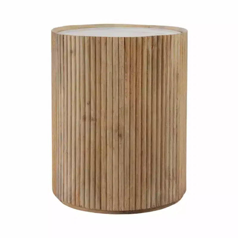 Decorative Ribbed Wooden Side Table with Marble Top and Storage - Small Home Decor Table Stand for Bedroom or Living Room Decor