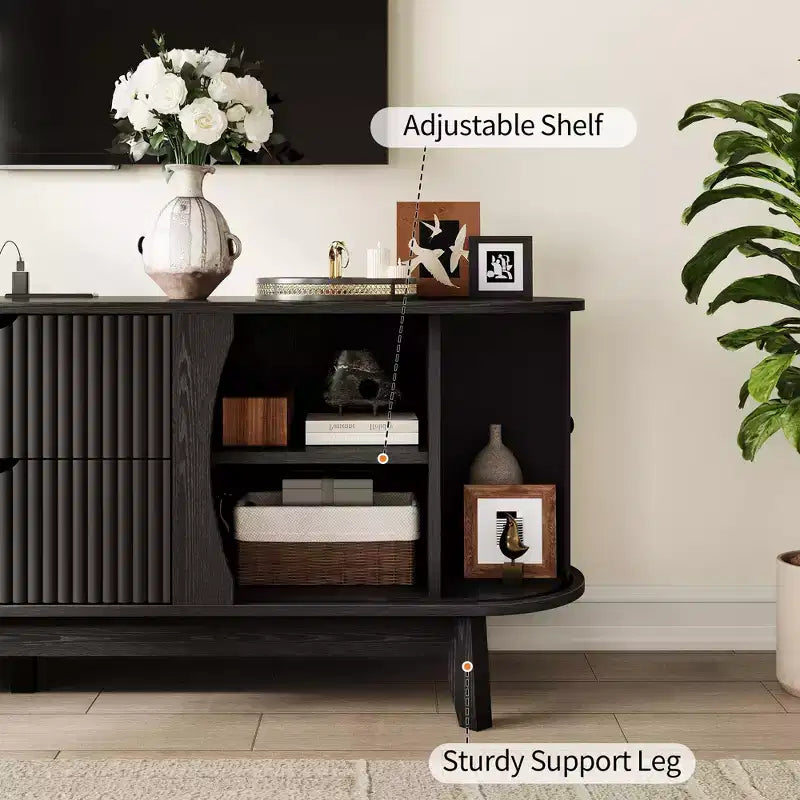 Black/Brown Mid Century TV Stand with 2 Drawers, for 1 Room