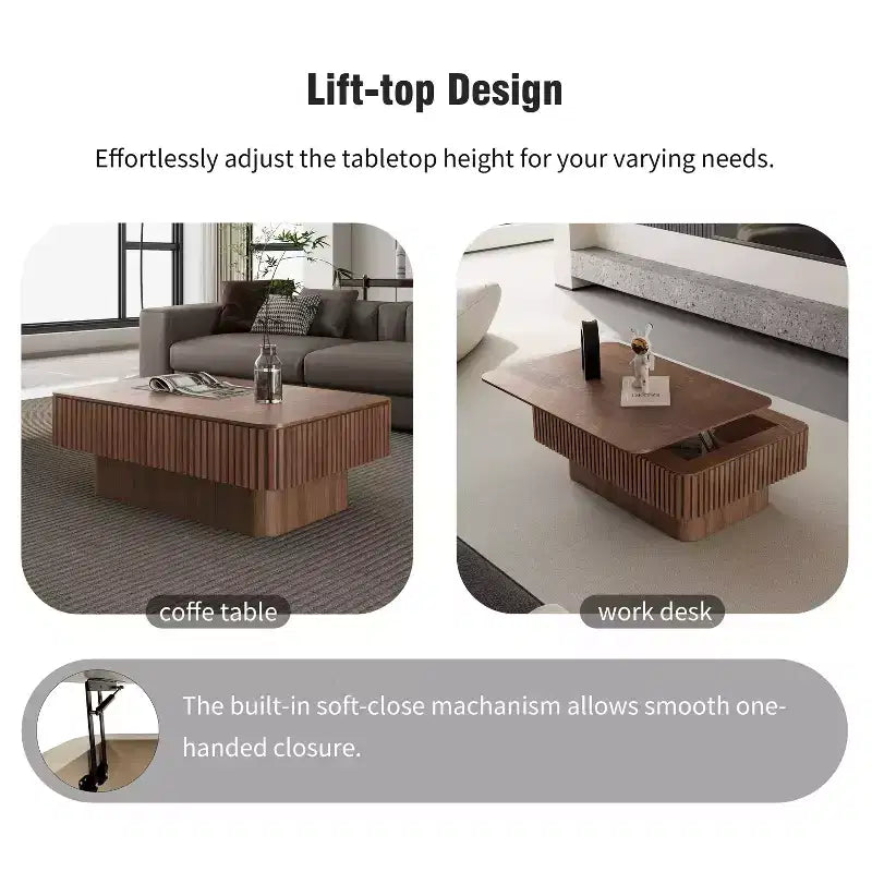 JVNOXK 38.6'' Fluted Lift-Top Coffee Table with Storage, Solid Wood Veneer Adjustable Height Modern Accent Table for Living Room, Bedroom, Walnut
