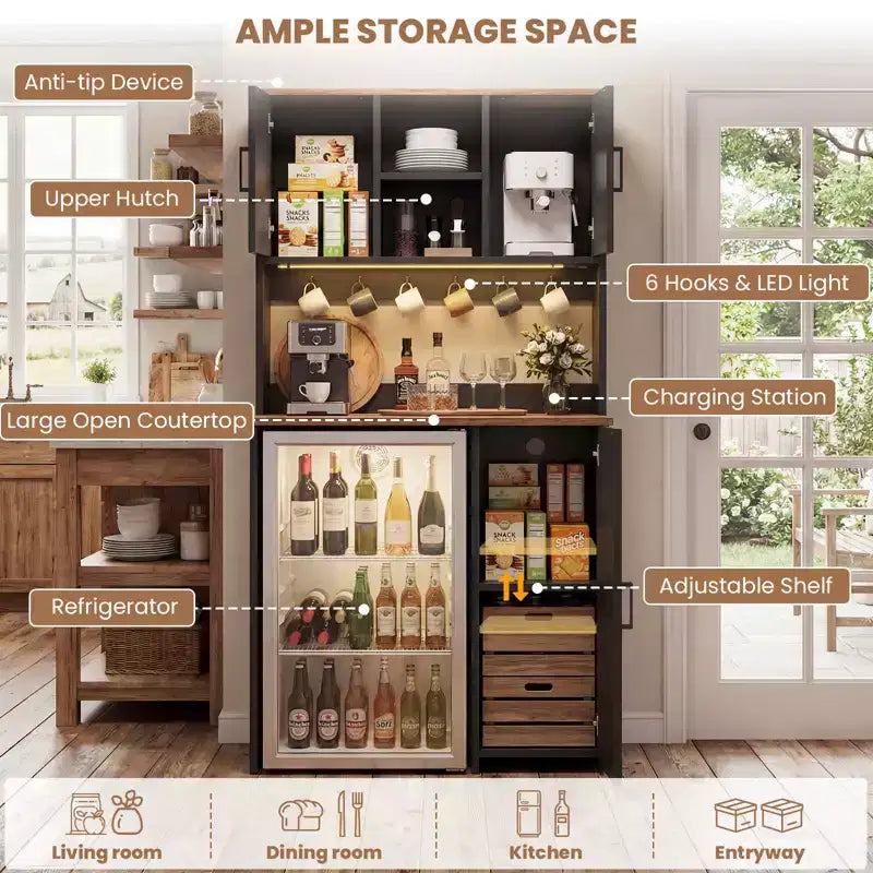 Besiost Kitchen Pantry Cabinet with Mini Fridge Space, Coffee Bar Cabinet with Storage Shelf