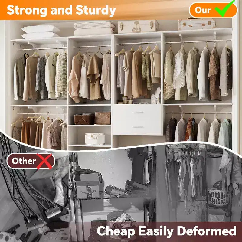 Besiost Freestanding Closet System with 8 Hannging Rods and Drawers, Hanging Closet Organizer with 10 Shelves