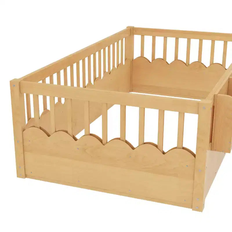 Bellemave Kids Floor Bed with Heightened Fence and Bookshelf, Wooden Twin Montessori Bed Frame for Girls Boys