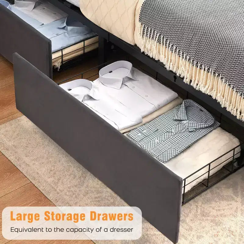 Bed Frame with 4 Storage Drawers and Charging Station, Velvet Button Tufted Upholstered Platform Bed with Tall Headboard and Storage Shelf