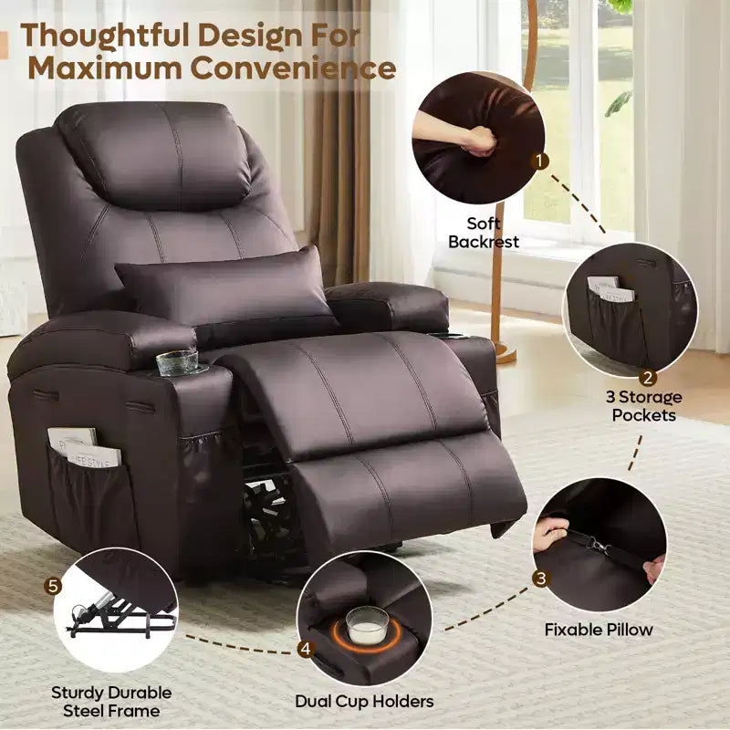 Bestier 34.6'' Electric Power Lift Asist Recliner Chair with Massage and Heat, Fax Leather Reclining Chair with Side Pockets & Cup Holders