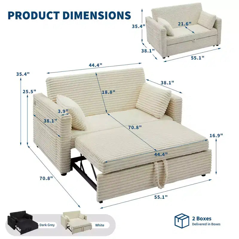 55 Convertible Loveseat Sleeper Sofa Bed with Pull-Out Footrest & Adjustable Backrest, Space-Saving Couch for Small Apartments