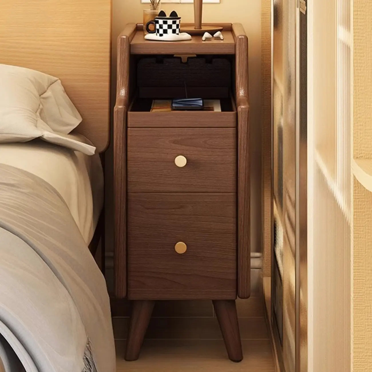 Narrow White Wood 2 Shelves Nightstand
