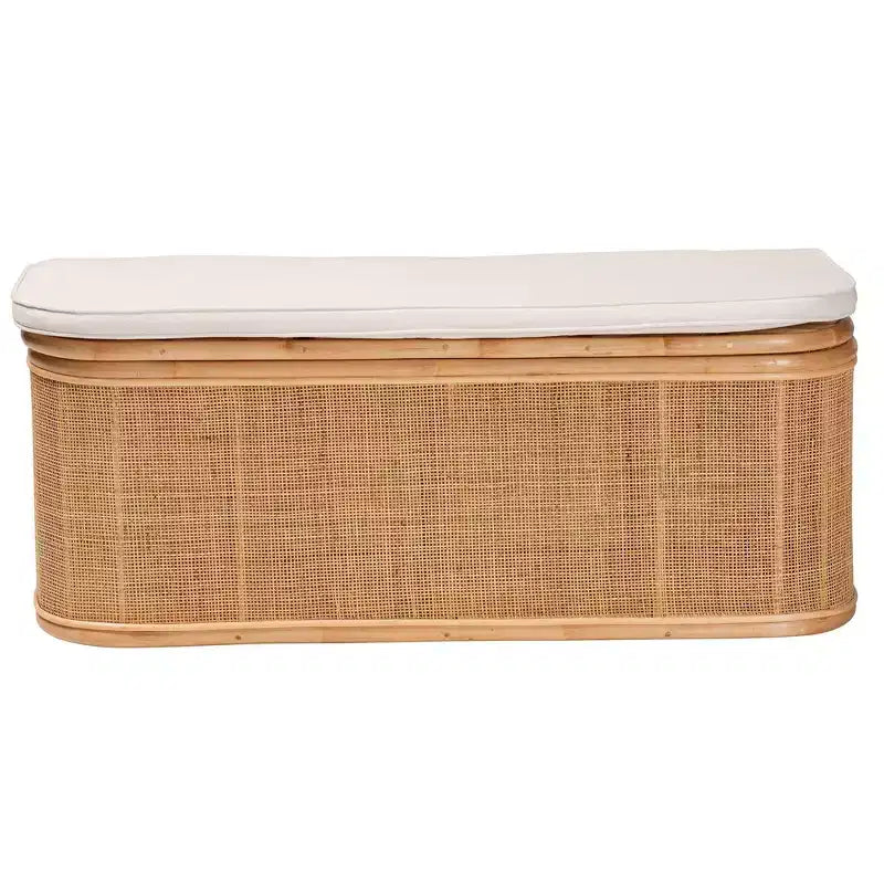 bali & pari Ishana Natural Rattan Storage Bench Natural/White: Upholstered Polyester, Plywood Frame, No Assembly Required