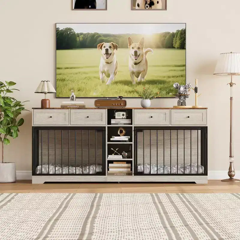 82 Double Dog Crate Furniture, Large Dog Kennel Indoor for 2 Dogs, Heavy Duty Wooden Dog Crate TV Stand with 4 Drawers and Shelves