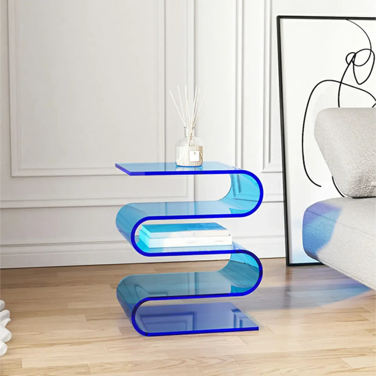 Table d'appoint contemporaine en acrylique en forme de S avec rangement