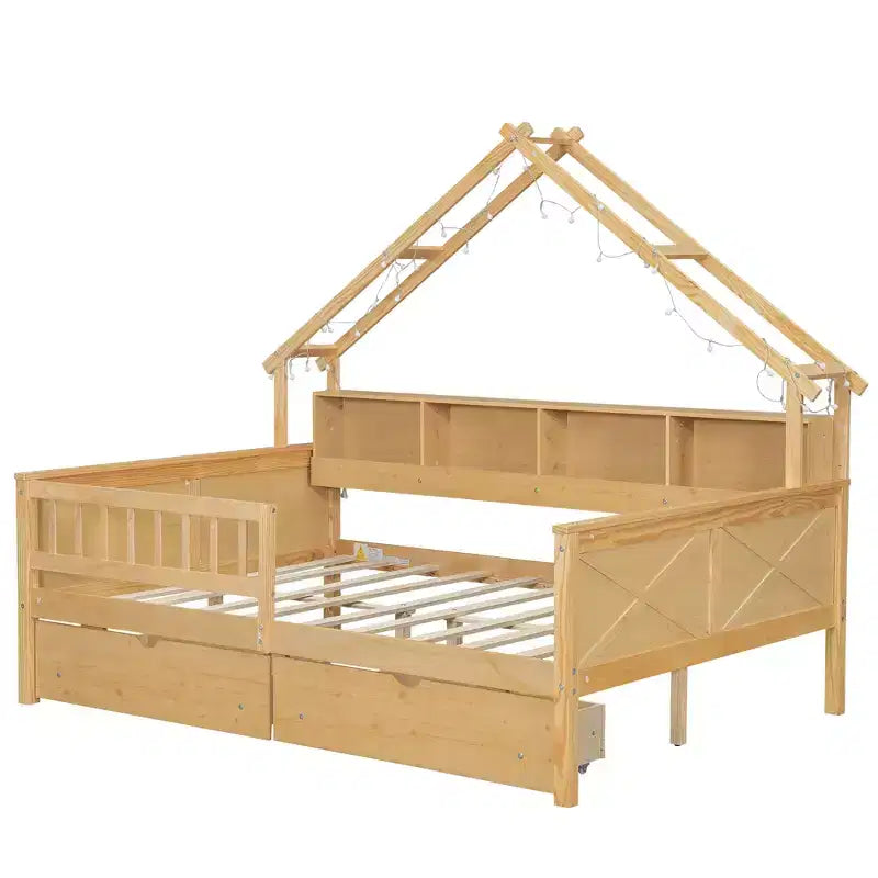 Full Size House Bed Frame with Drawers, House Platform Bed with LED Lights, Storage Shelves & Drawers, Wood Daybed with Roof and Guardrail