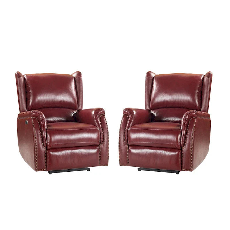 Genuine Leather Power Recliner with USB Port 鈥?Wingback Nailhead Set of 2