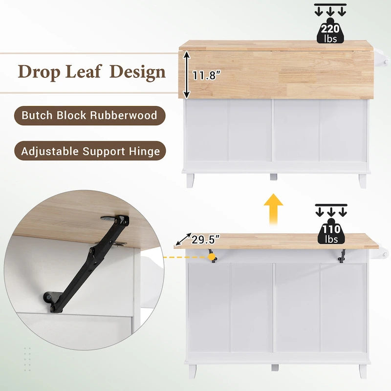 TOPMAX Kitchen Island Set with Drop Leaf and 2 Seatings, Dining Table Set with Adjustable Shelf, Drawers and Towel Rack