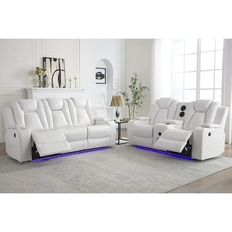 Power Reclining Sofa with Wireless Charger,Reading Light for Living Room,Faux Leather LED Light,AC/USB Port,Cup Holder,Black