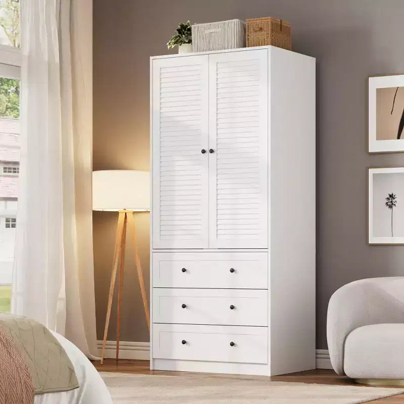COZONY Armoire Wardrobe with 3 Drawers & 2 Doors, Modern Wooden Closet Cabinet for Bedroom, Heavy Duty White Standing Armoire