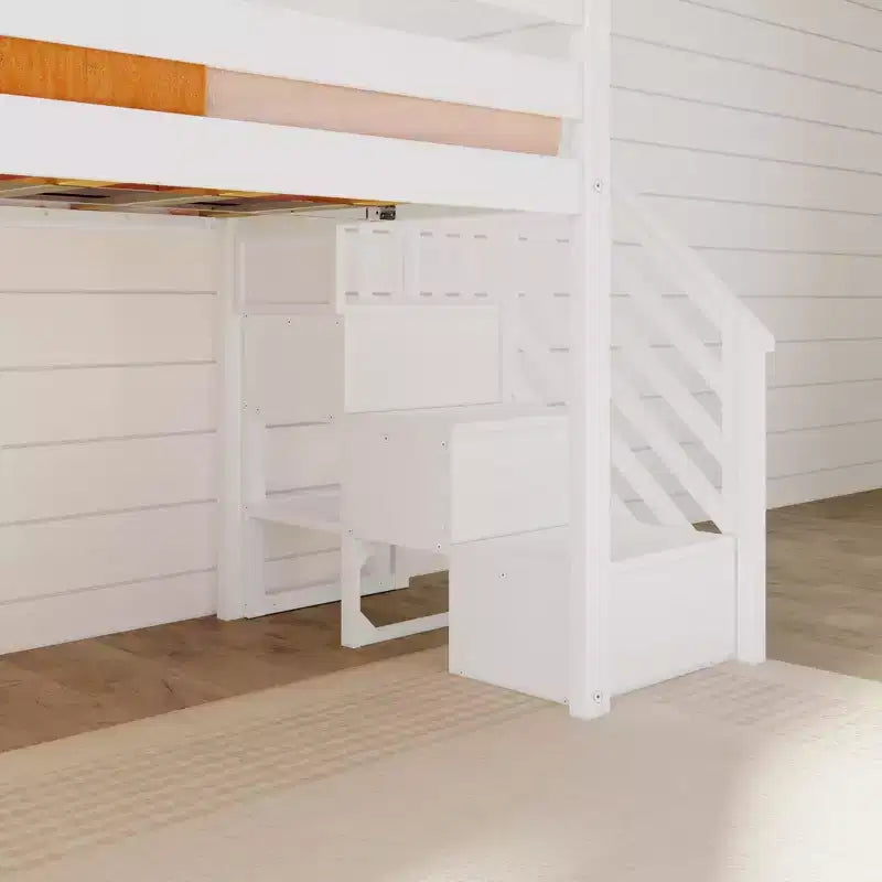 Kids Twin Low Loft Bed with Slide & Stairs, Solid Wood, 14 Guardrails, 400 lb Capacity