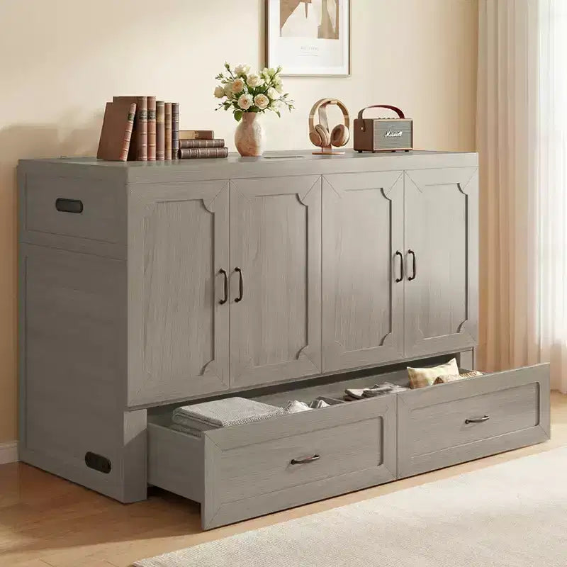 Mjkone Queen Size Convertible Murphy Cabinet Bed with USB Charging, Storage Drawers,No Mattress Included