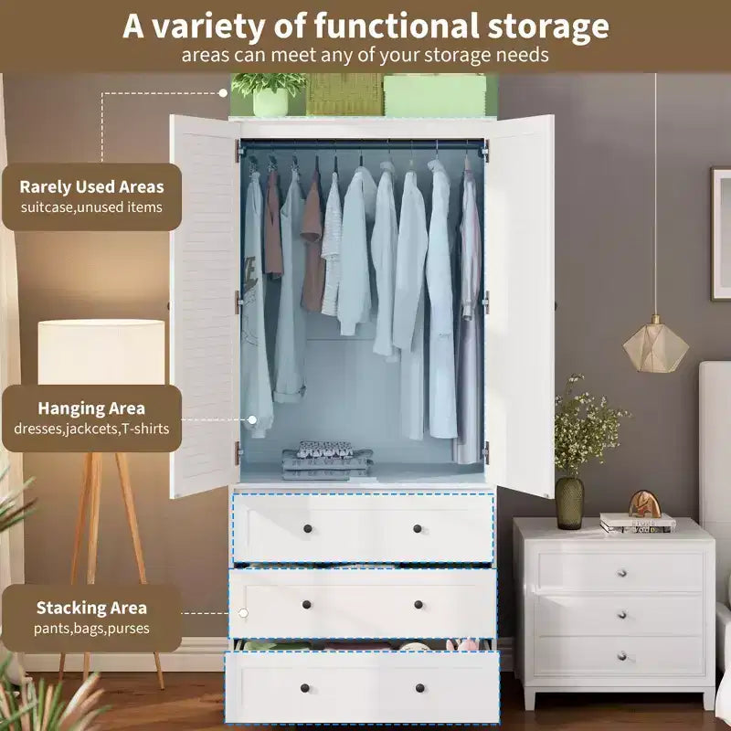 COZONY Armoire Wardrobe with 3 Drawers & 2 Doors, Modern Wooden Closet Cabinet for Bedroom, Heavy Duty White Standing Armoire