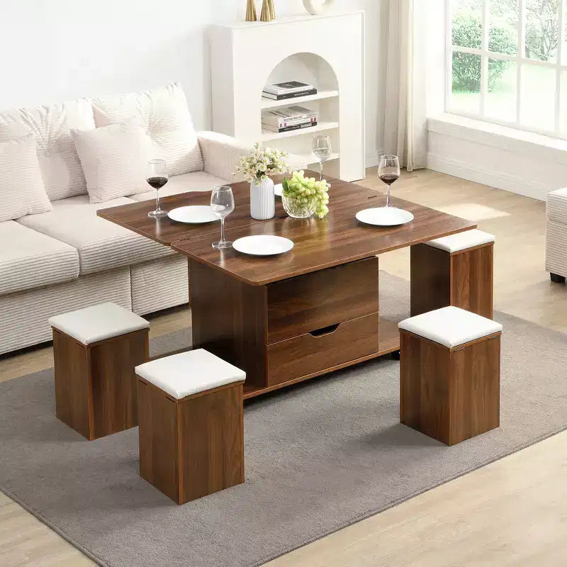 Multi-Function Modern Lift-Top Coffee Table with Hidden Storage, 4 Stools and Casters, Perfect for Modern Living Spaces
