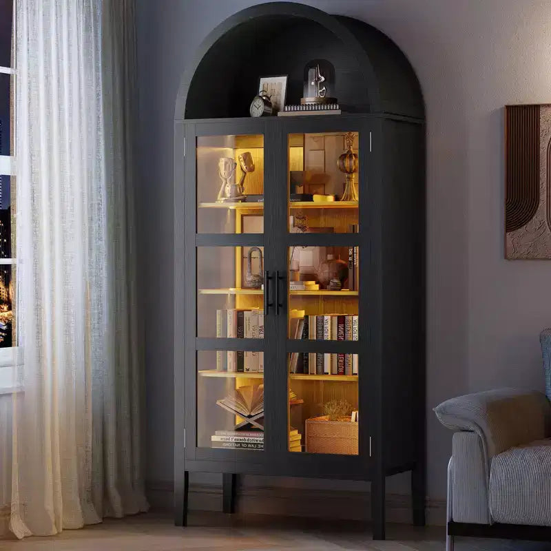Storage Cabinet, Black/White, Arched Style, Single, 71 Tall with LED Lights & Glass Doors