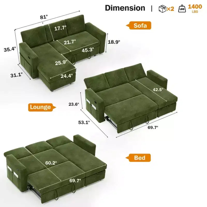 2-in-1 Pull Out Sleeper Sofa with Storage Chaise, Chenille Sectional Couch with USB Ports for Living Room