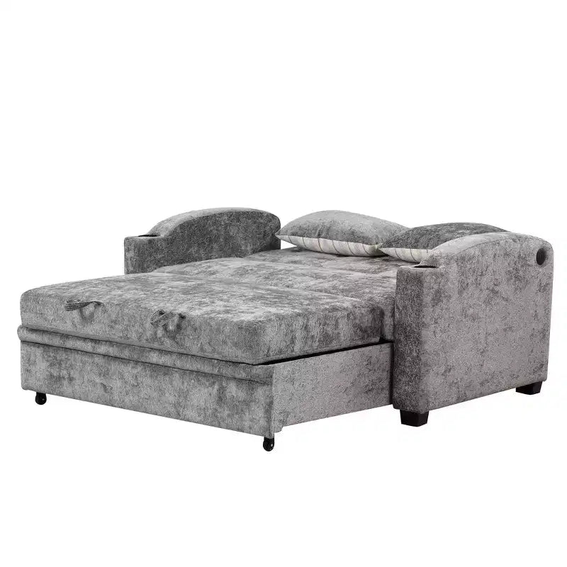 61.6 Modern Chenille Convertible Sofa Bed with USB Ports, Cup Holders & Adjustable Backrest for Living Room, Apartment