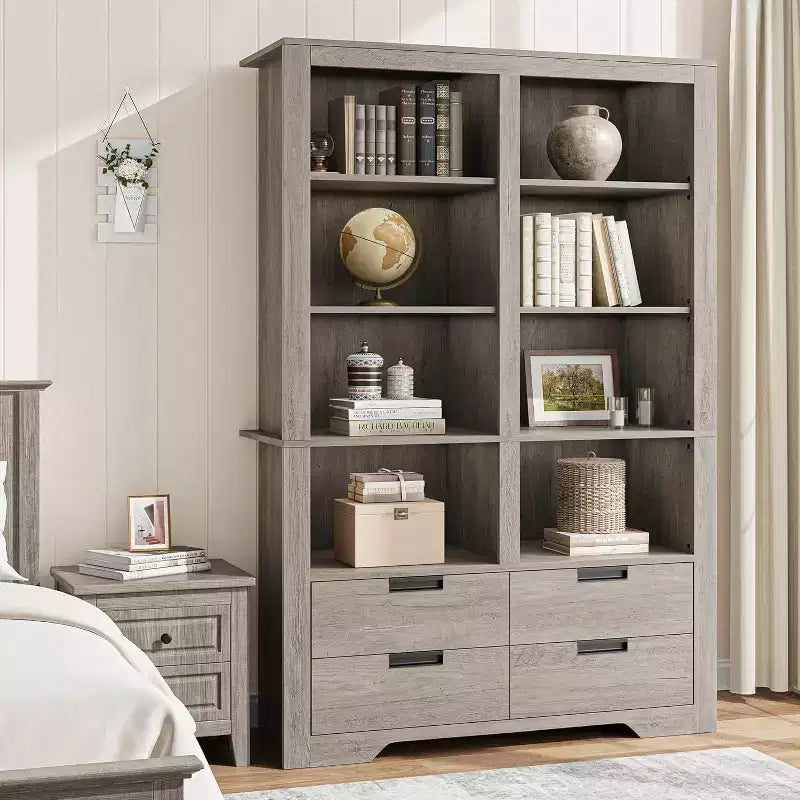 72 Tall Bookcase with 4 Drawers, Farmhouse Freestanding Storage Bookshelf for Bedroom, Living Room, Home Office