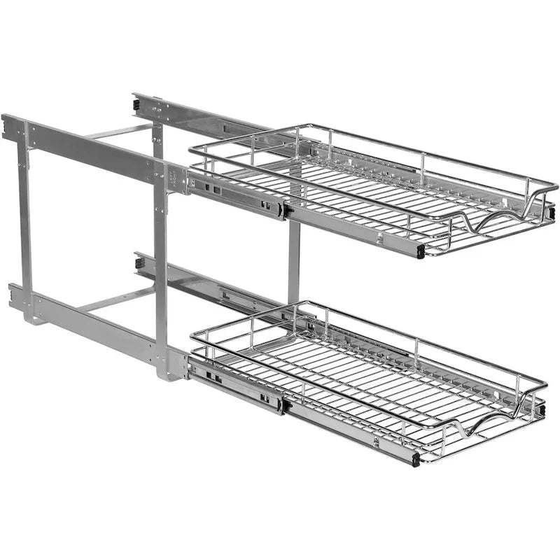 Pull Out Cabinet Organizer 2 Tier  Heavy Duty Metal with Lifetime Limited Warranty - Anti Rust Chrome Finish