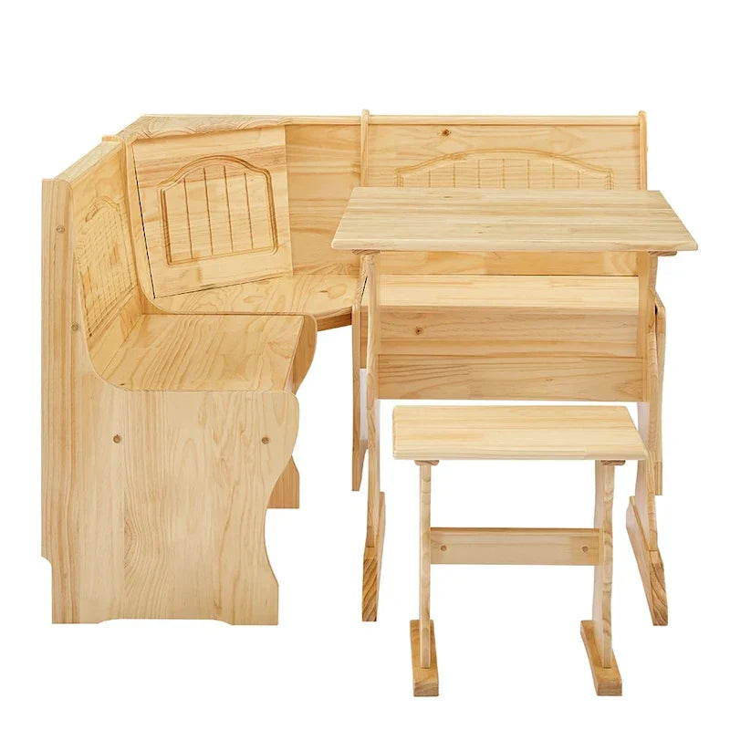 MUSEHOMEINC Traditional Style 3 Piece Solid Wood Breakfast Nook Dining Table Set with Side Bench, Hidden Storage Nook Table Set