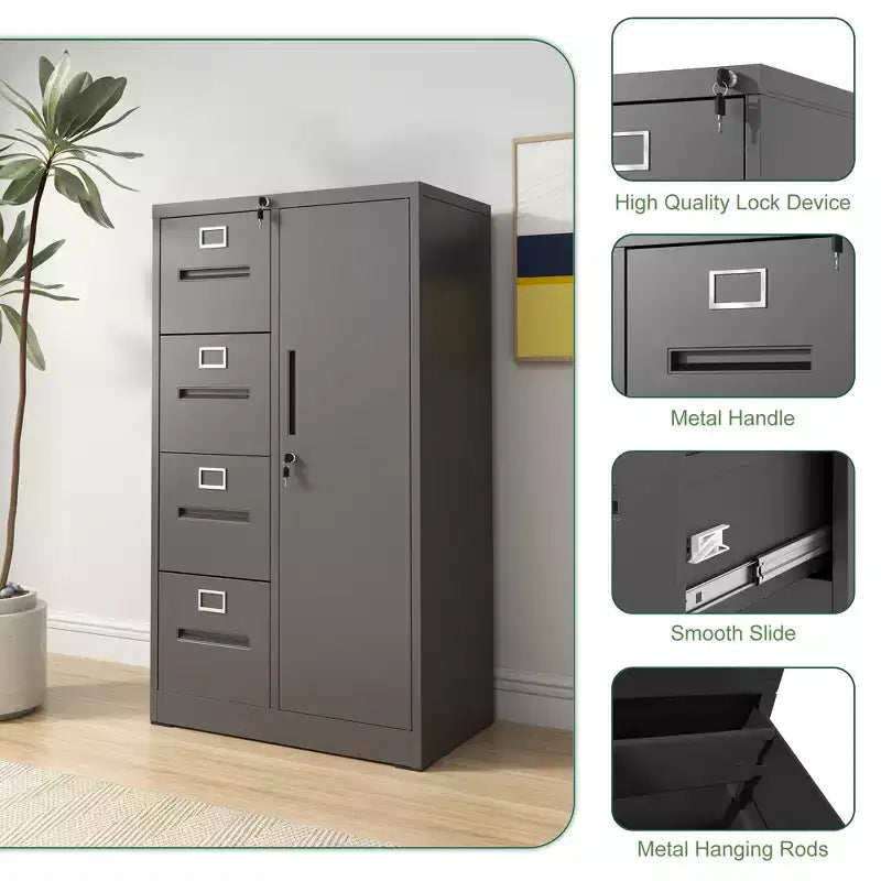 Metal Storage Vertical Filing Cabinet with Lock, Steel File Locker with 4 Drawers
