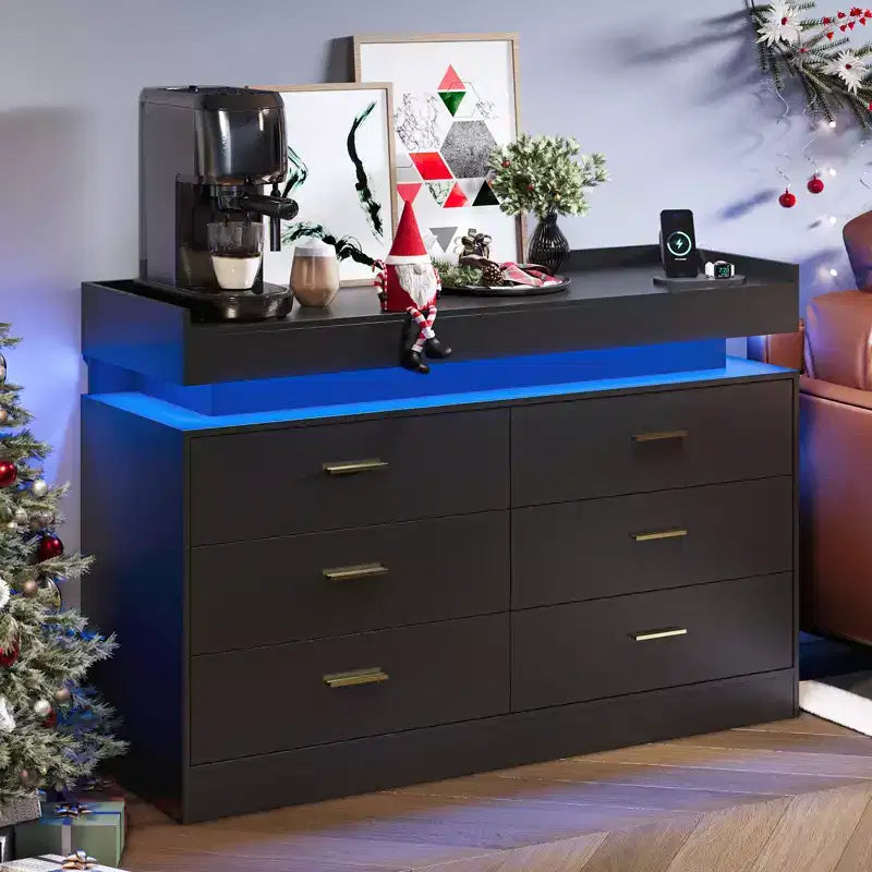 Modern TV Stand with 6 Drawers & LED Lights, Floating Countertop Coffee Bar for Living Room Entertainment Center