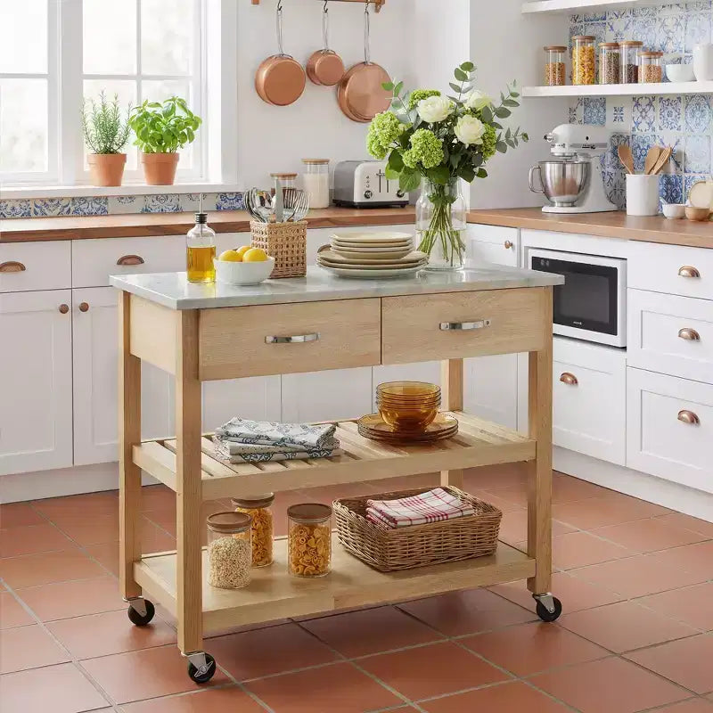 Rolling Kitchen Cart with Marble Top Solid Wood Kitchen Island Cart with 2 Drawers 3-Tier Kitchen Trolley with Lockable Detachable Wheels & Towel Rack