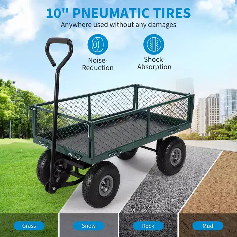 Heavy Duty Steel Garden Cart Wagon, 500 Lbs, Folding Utility Wagon with Removable Mesh Sides & Liner, 10 Pneumatic Tires, Pull Handle