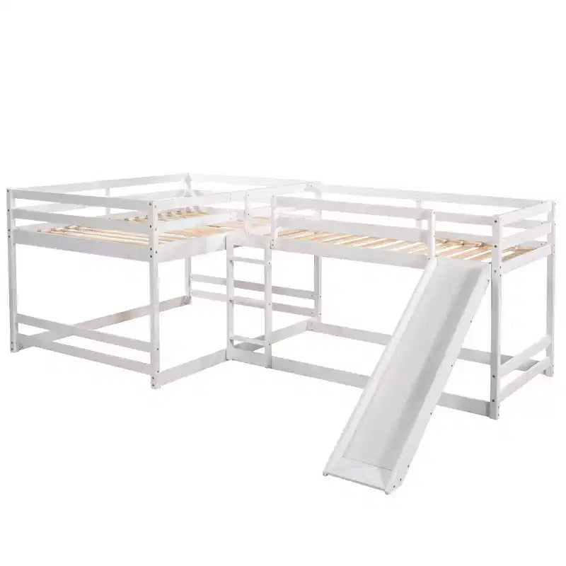 L Shaped Bunk Bed for 4 Kids, Quad Bunk Bed with Slide Full and Twin Wood Bunk Frame for Bedroom Dorm