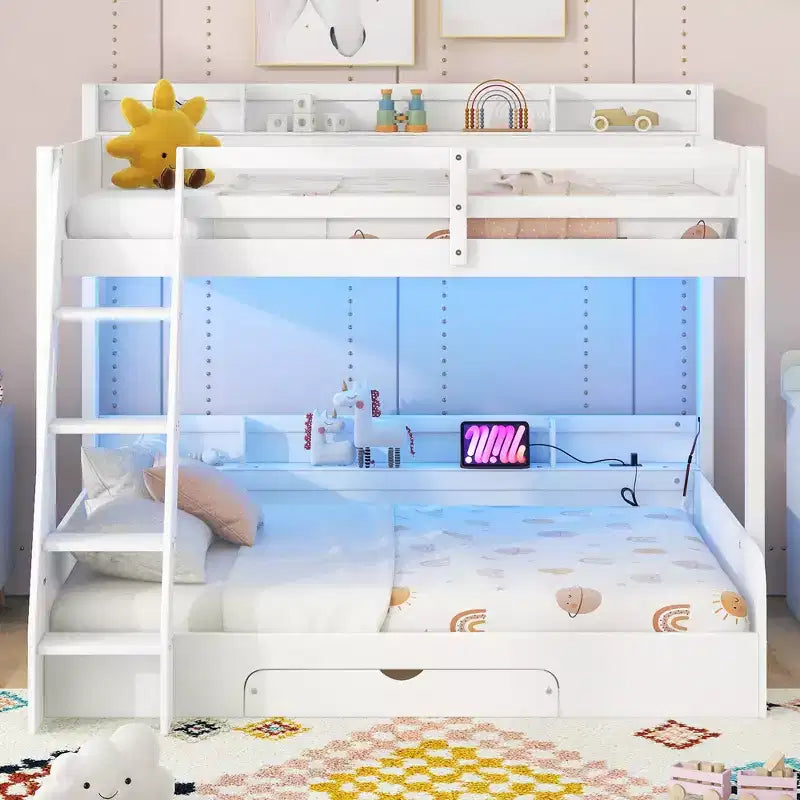 Twin over Full Bunk Bed with Storage, LED Lights & Charging Station, Wood Bunked Bed Beside Shelves for Kids & Teens