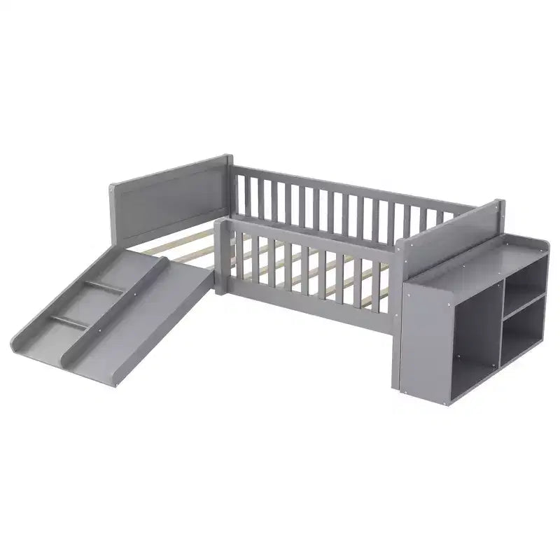 Whisen Twin Size Low Loft Bed Frame for Kids with Slide, Movable Bookshelf Storage, Guardrails, Low Loft Bed Frame
