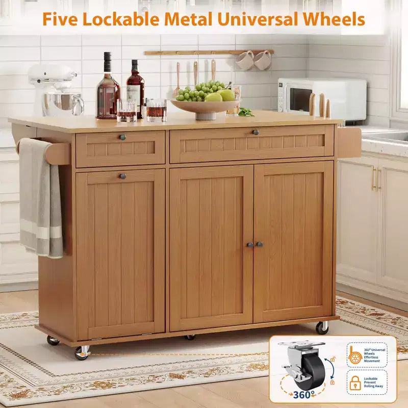 55 Mobile Island Table with Power Outlet & Drop Leaf, Kitchen Rolling Island Kitchen Island Cart with Trash Storage Cabinet for Kitchen