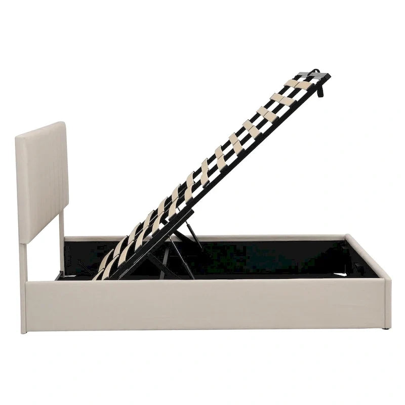 Lit plateforme rembourré Queen avec système de rangement hydraulique - Beige