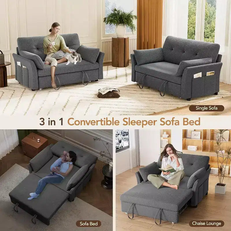 Dyonery 3-in-1 Convertible Sofa Bed, Pull Out Sleeper Sofa with Side Pocket & Adjustable Backrest, Tool-Free Assembly, Folding Loveseat