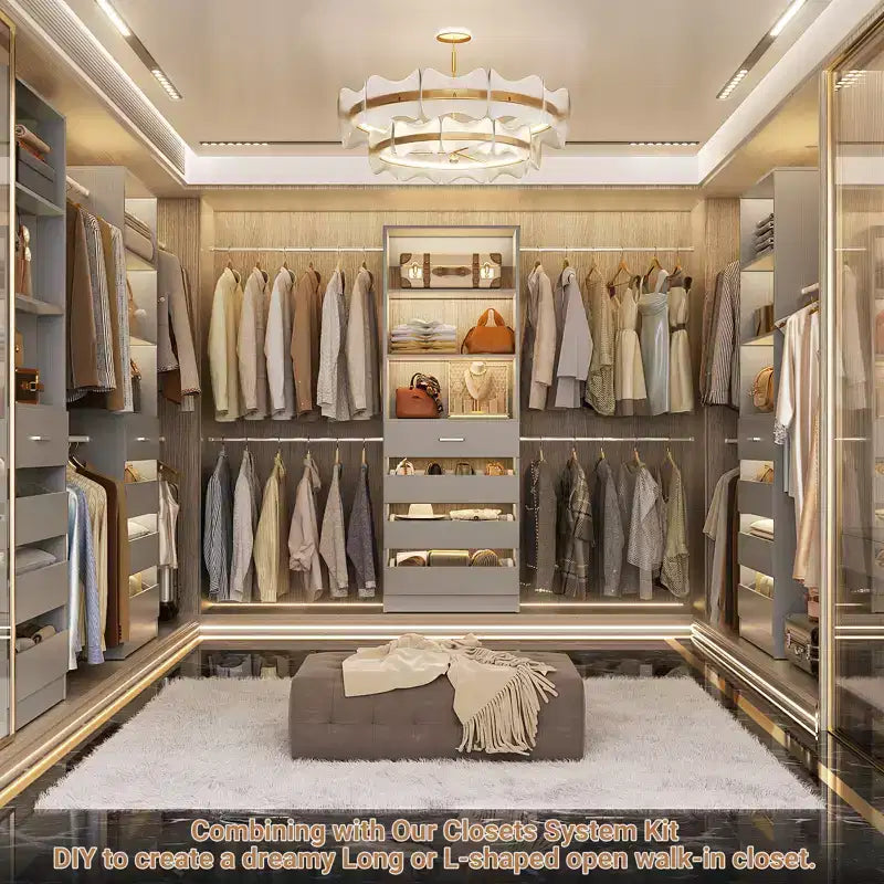 Besiost 4-9 Ft Wooden Closet Organizer System with 4 Drawers, 4 Hanging Rods & Shelving Towers