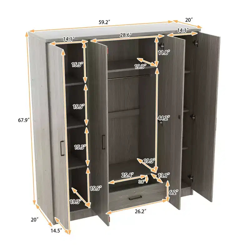 Wood 4-Door Wardrobe Armoire with Hanging Rod, 1-Drawer and Storage Shelves