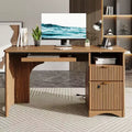 Bestier 55 Smart Computer Desk, Oak Writing Desk with File Drawers and Power Outlet, Executive Office Desk with Open Storage and Keyboard Tray