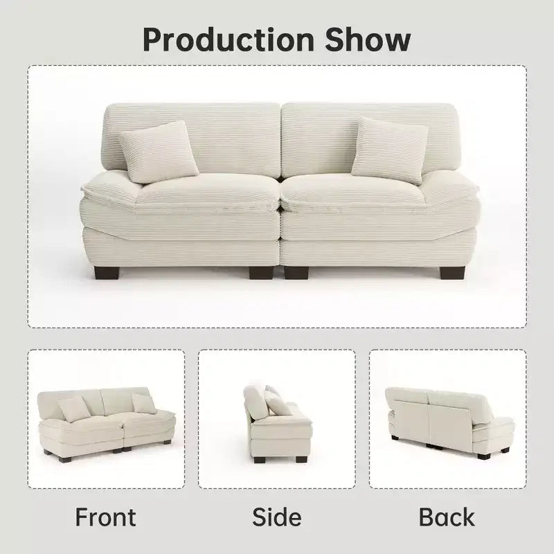 Beige 87 Corduroy Couch with 2 Pillows, Sailboat-Shape Deep Seat Sofa for Living Room, Small Space, Office, Apartment-Morden Fort