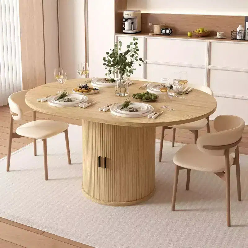 Dyonery 63 Extendable Round Kitchen Dining Room Table with 2-Tier Storage Shelf, with Pedestal Base, Wood Oval Circle Dinner Furniture, Walnut
